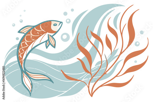 Stylized fish swimming near seaweed and water waves
