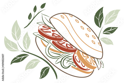 Stylized illustration of a gourmet sandwich with fresh ingredients and leaves