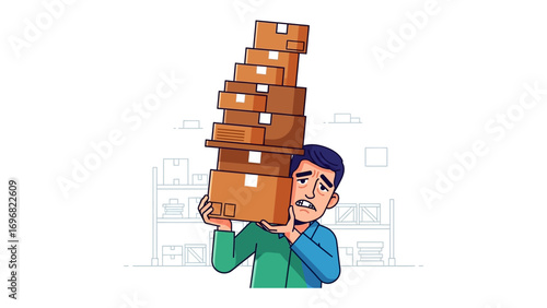 Burdened with Delivery: A man struggles under the weight of multiple packages, symbolizing the strain of logistics and delivery, with a modern artistic illustration.