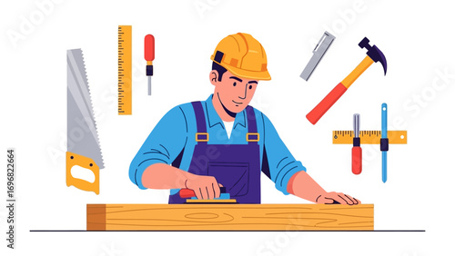 Craftsman and Tools: A skilled craftsman, meticulously sands a wooden plank, surrounded by essential carpentry tools. A symbol of craftsmanship and the art of woodworking.