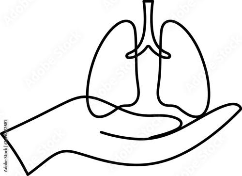 Minimalist illustration of a hand gently holding healthy lungs, symbolizing care and well-being.
