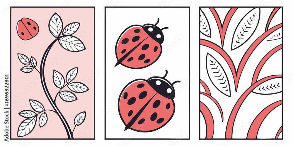 Fototapeta premium Ladybug and plant elements in a repeating pattern