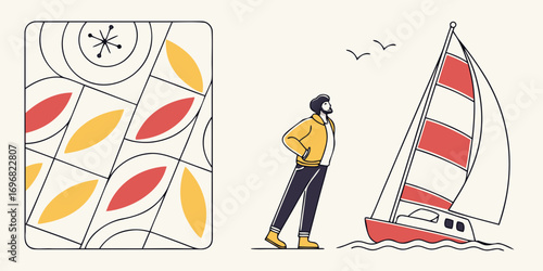 Man in yellow jacket looking at sailboat and abstract pattern