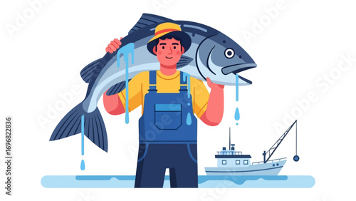 The Fisherman's Prize: A triumphant fisherman proudly holds up a freshly caught, giant fish as a fishing boat waits. A snapshot of success in the open water
