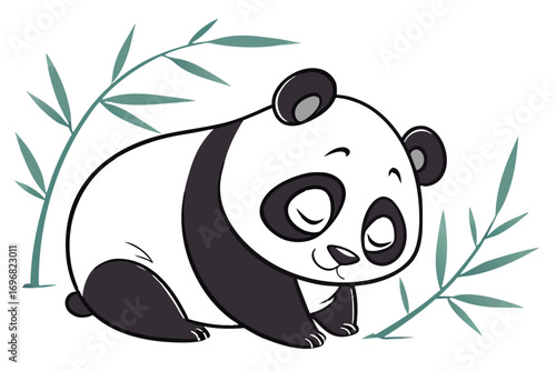 Happy panda sleeping in grass with bamboo