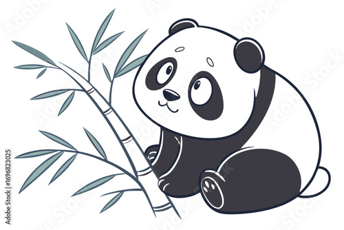 Cute cartoon panda cub sitting near bamboo