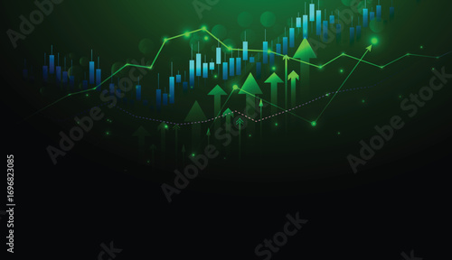 Vector candle stick graph chart of stock market investment arrow trading graph with glowing light illustration business and financial concepts on technology background.	