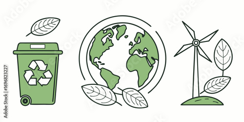 Ecofriendly icons recycling, earth, wind turbine isolated