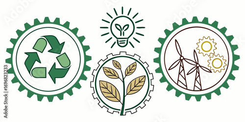 Industrial ecofriendly icons recycling, plant, and wind turbines