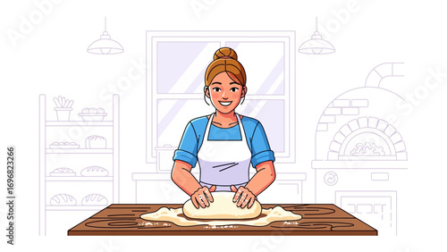 Woman Baking Dough: A cheerful woman, adorned in an apron, diligently kneads dough on a wooden table. The image encapsulates the essence of home baking with a warm and inviting ambience.