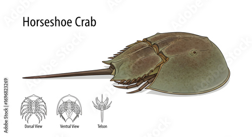 Detailed anatomical illustration of a Horseshoe Crab, showcasing dorsal, ventral, and telson views for scientific and educational study