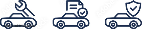 Car maintenance, inspection, and insurance icons symbolize vehicle care and protection.