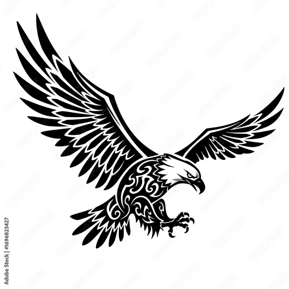 Obraz premium Tribal Eagle in Flight – Stylized Black and White Tattoo Design