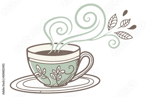 Steaming teacup with swirling steam and leaves