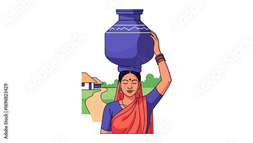 Woman Carrying Water: A serene portrayal of a woman, delicately balancing a water pot atop her head, gracefully walking along a path. capturing an essence of cultural elegance and simplicity.