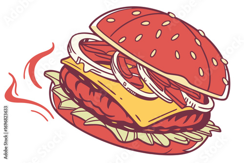 A hot cartoon hamburger with lettuce, tomato, cheese, and onions