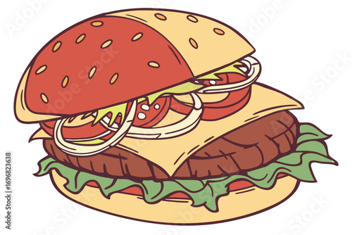 A colorful cartoon hamburger with lettuce, tomato, cheese, and onions