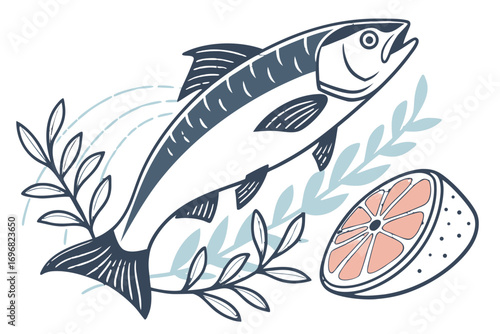 Stylized illustration of a salmon with lemon and greenery