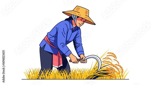 Harvesting Field: A farmer harvests golden rice, demonstrating hard work and a connection with the land in a bright, sunny field.