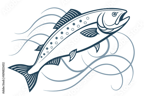 Dynamic illustration of a salmon swimming in water