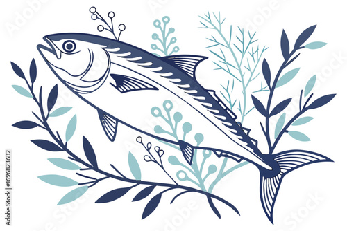 Artistic illustration of a tuna with decorative plants