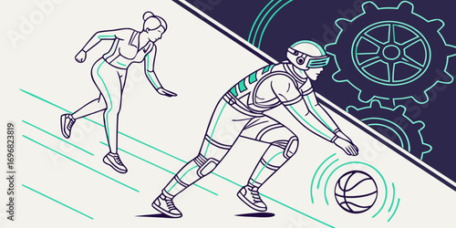 Athletes playing basketball in a virtual reality setting