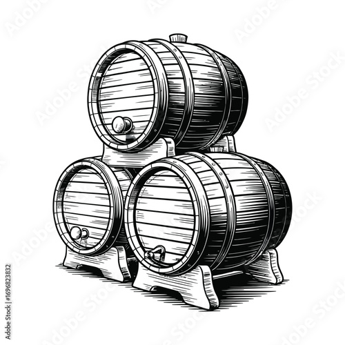 Stack of vintage barrels with wood grain engraving effect in rustic black and white vector illustration design