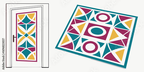 Door with geometric pattern and separate square pattern