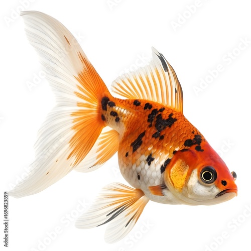 Beautiful calico goldfish swimming isolated on white background