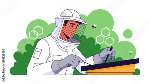 The Beekeeper's Craft: A focused beekeeper, protected in specialized attire, attends meticulously to a beehive amidst abstract elements, embodying precision, connection and dedicated craft.