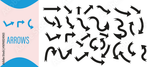 Vector art of collection of various black arrow icons and symbols isolated on a, representing direction and movement in a graphic design element