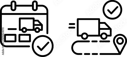 Scheduled delivery truck icon on calendar and truck on map route with checkmarks
