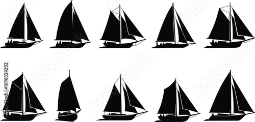 Silhouette sailing boats collection, yacht ship vector illustration, black sailboat icons, marine transportation, sea travel, nautical design, adventure, artwork