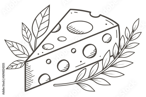 Line drawing of swiss cheese wedge with leaves on a plate