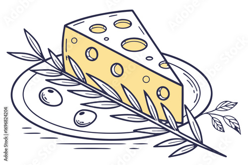 Yellow swiss cheese slice with olives and olive branch on plate