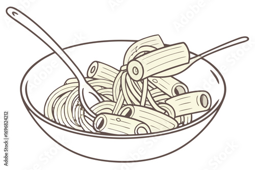 Bowl of pasta with rigatoni and spaghetti on forks