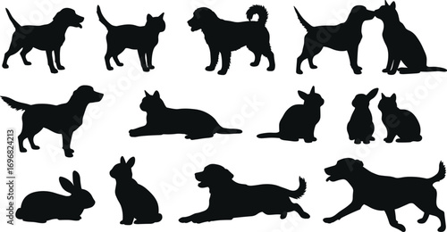 Dog, cat, and rabbit silhouettes, black pet icons, animal vector set, domestic animals illustration, white background, pet clipart bundle