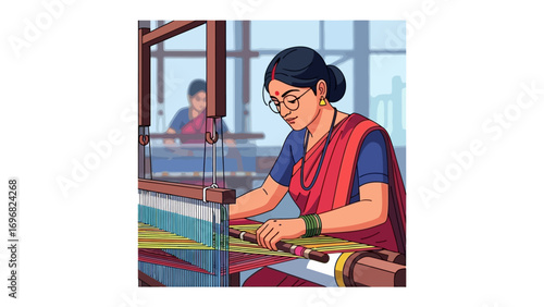 Artisan at Work: A skilled artisan meticulously weaves fabric on a traditional loom, showcasing the artistry of textile creation.