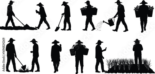 Farmer, agriculture, rural worker, planting, harvesting, watering, soil, field, vegetables, farming, shovel, crop, cultivation, land, organic, nature, grower, agronomy, gardening, countryside
