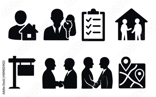 Real estate silhouette icon set. featuring agent, customer, contract, house, handshake, map, and signage symbols