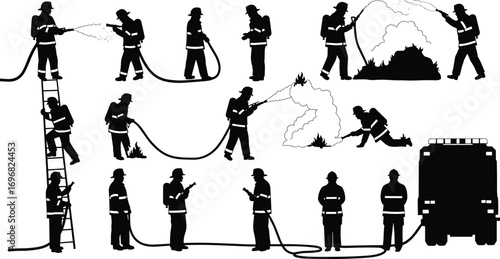 Firefighters in action, extinguishing fire, using hoses, climbing ladders, fire truck, fire safety, emergency response, teamwork, protective gear, rescue operations, fire hose spray, smoke control