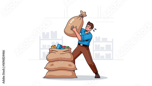 Man struggling to lift the heavy bag: a diligent man grapples with a large sack in what appears to be an indoor storage area. The scene evokes a sense of effort, responsibility, and hard work.