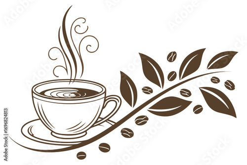 Steaming cup of coffee with coffee beans and leaves