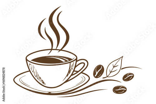 Steaming cup of coffee with beans and leaf