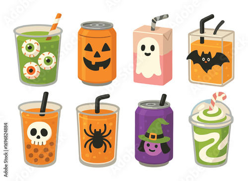 Halloween ensemble flat icon set. featuring singer, drummer, dancer, guitarist, trumpeter, violinist