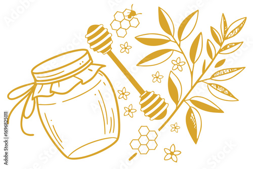 Honey jar with dipper and leaves