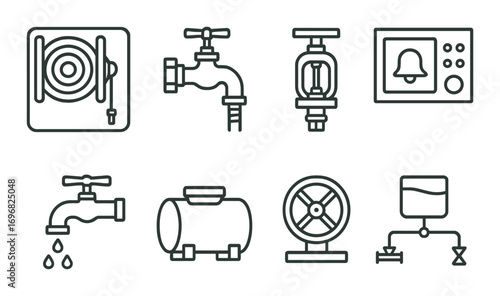 Home heating linear icons set. featuring boiler, heater, pipe, radiator, thermostat, exhaust, and battery symbols
