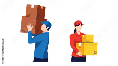 Efficient Delivery: A dynamic duo of delivery personnel, each skillfully maneuvering parcels, exemplifies swift, reliable service in a vector illustration of commerce and logistics. 