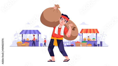 Market Merchant's Burden: A hardworking market merchant is shown carrying a heavy sack over his shoulder at the bustling market, representing the struggles and hard work of people