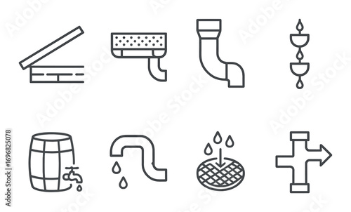 Plumbing components linear icons set. featuring water line, pressure booster, valve, tank, and pipe symbols